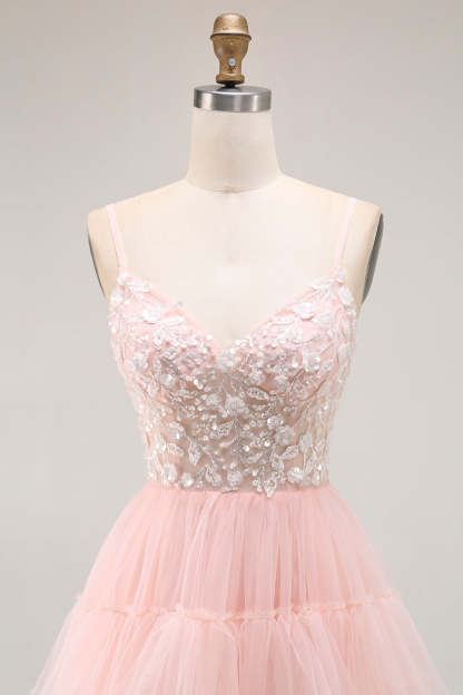 Sparkly Blush Tulle Tiered Floral Long Prom Dress with Sequins