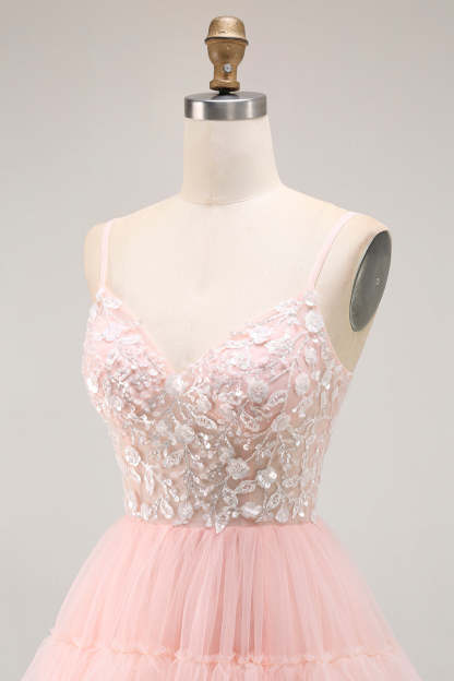 Sparkly Blush Tulle Tiered Floral Long Prom Dress with Sequins