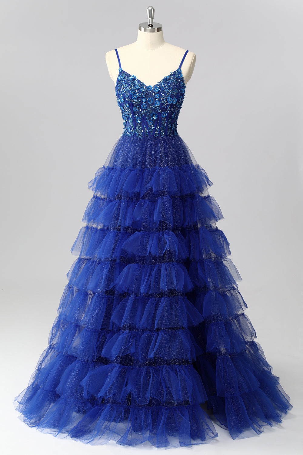 Sparkly Royal Blue Tulle Spaghetti Straps Ruffled A-Line Maxi Corset Prom Dress with Sequins