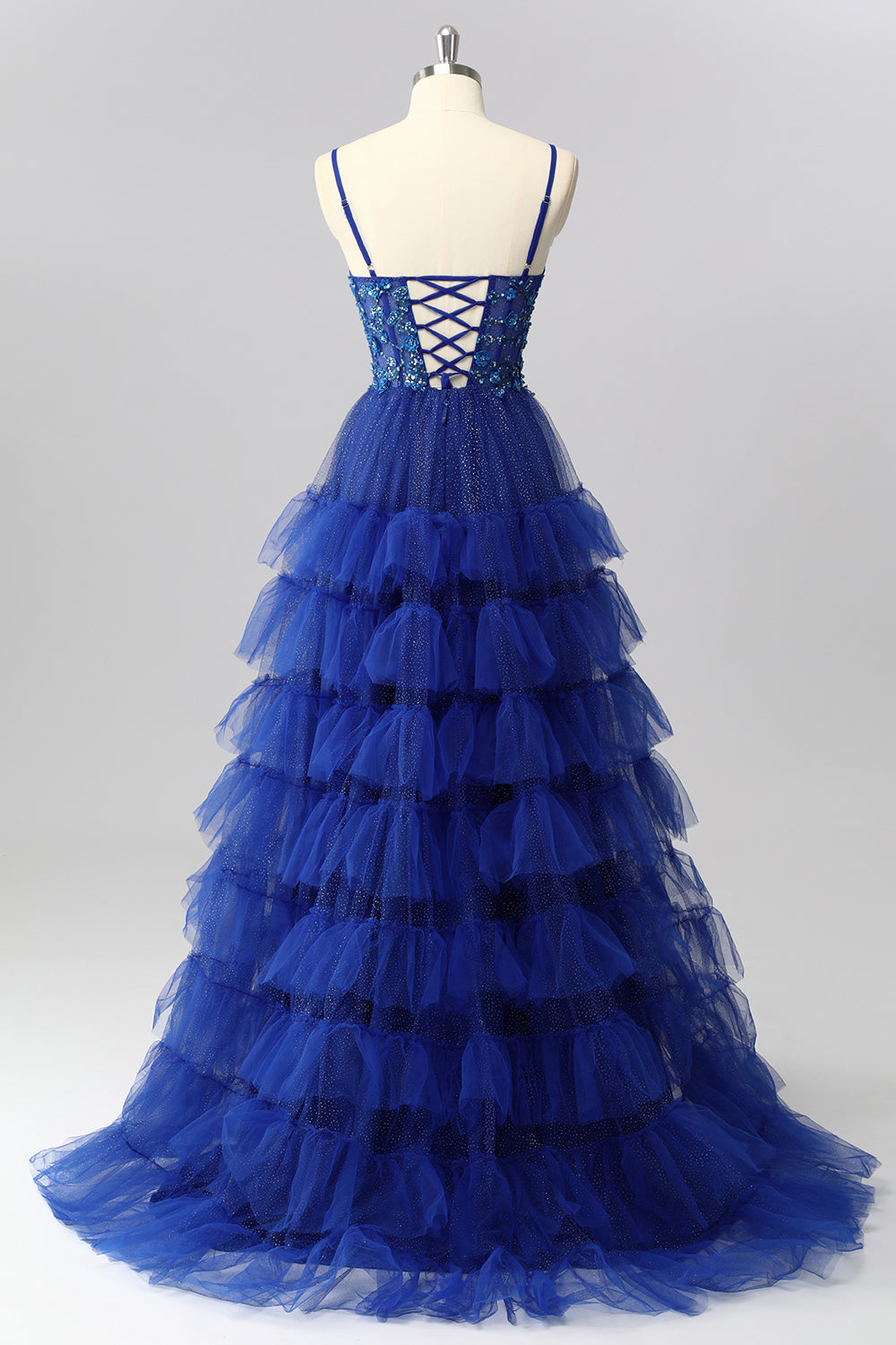 Sparkly Royal Blue Tulle Spaghetti Straps Ruffled A-Line Maxi Corset Prom Dress with Sequins