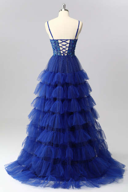 Sparkly Royal Blue Tulle Spaghetti Straps Ruffled A-Line Maxi Corset Prom Dress with Sequins