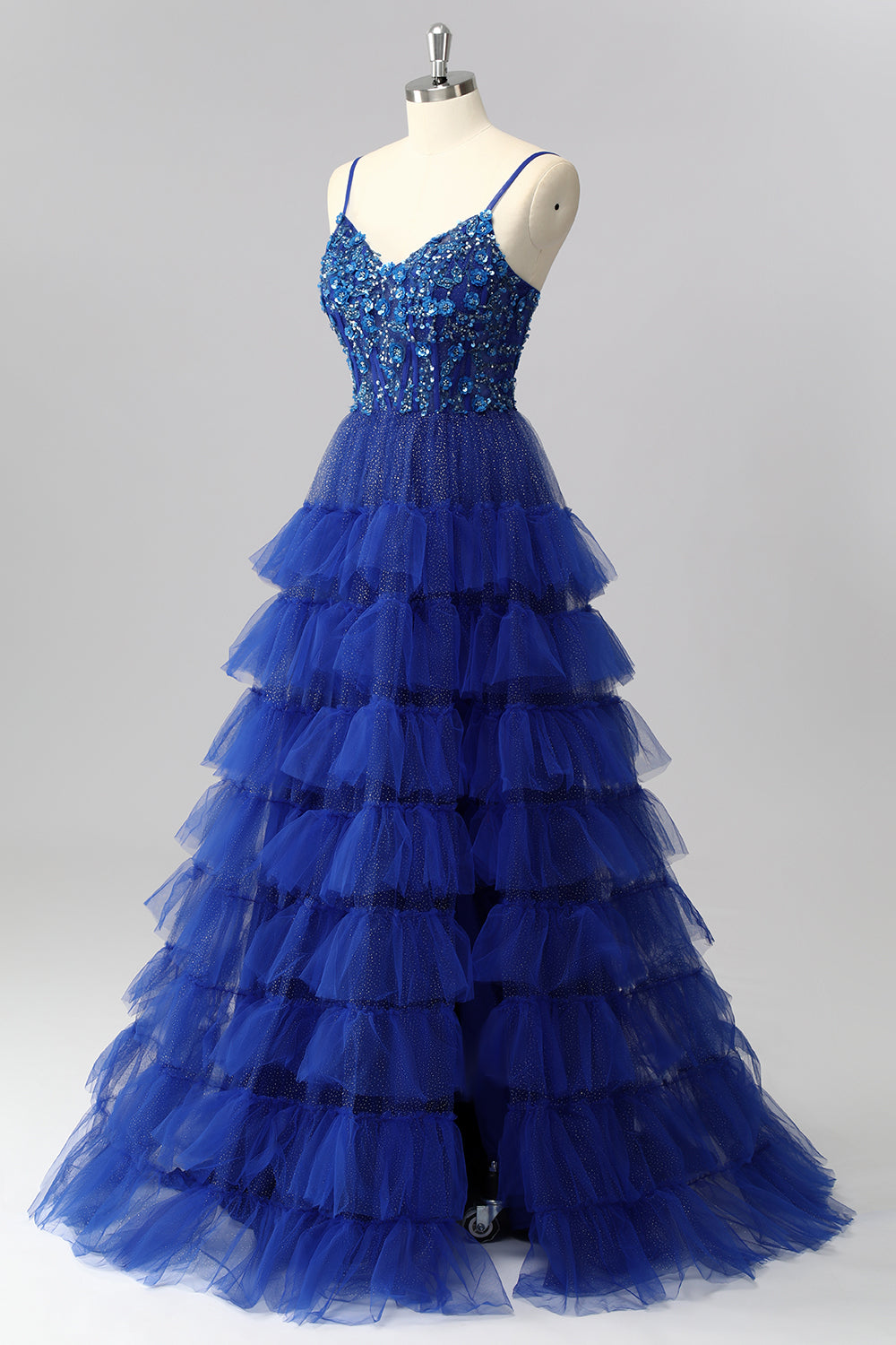 Sparkly Royal Blue Tulle Spaghetti Straps Ruffled A-Line Maxi Corset Prom Dress with Sequins