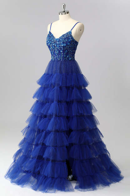 Sparkly Royal Blue Tulle Spaghetti Straps Ruffled A-Line Maxi Corset Prom Dress with Sequins