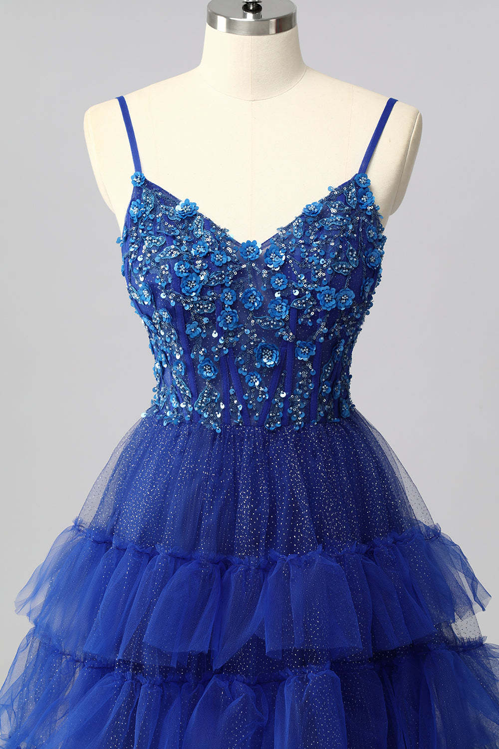 Sparkly Royal Blue Tulle Spaghetti Straps Ruffled A-Line Maxi Corset Prom Dress with Sequins