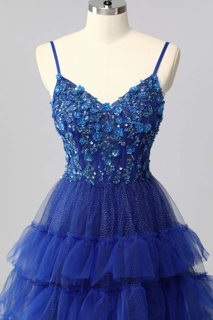 Sparkly Royal Blue Tulle Spaghetti Straps Ruffled A-Line Maxi Corset Prom Dress with Sequins