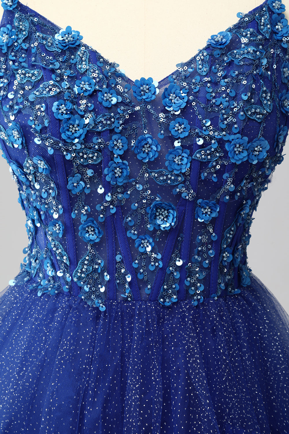 Sparkly Royal Blue Tulle Spaghetti Straps Ruffled A-Line Maxi Corset Prom Dress with Sequins