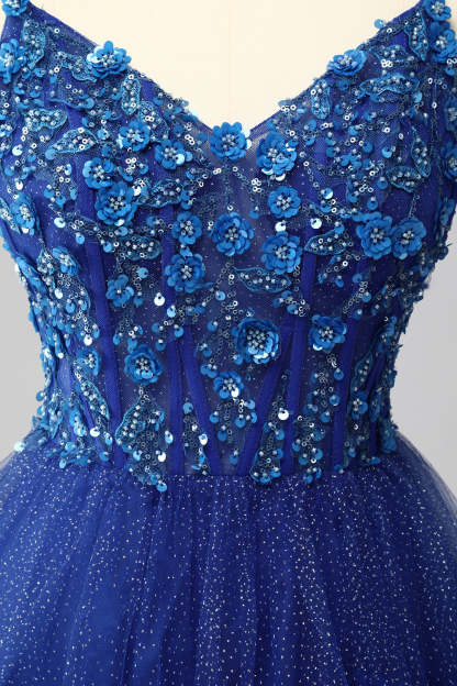 Sparkly Royal Blue Tulle Spaghetti Straps Ruffled A-Line Maxi Corset Prom Dress with Sequins