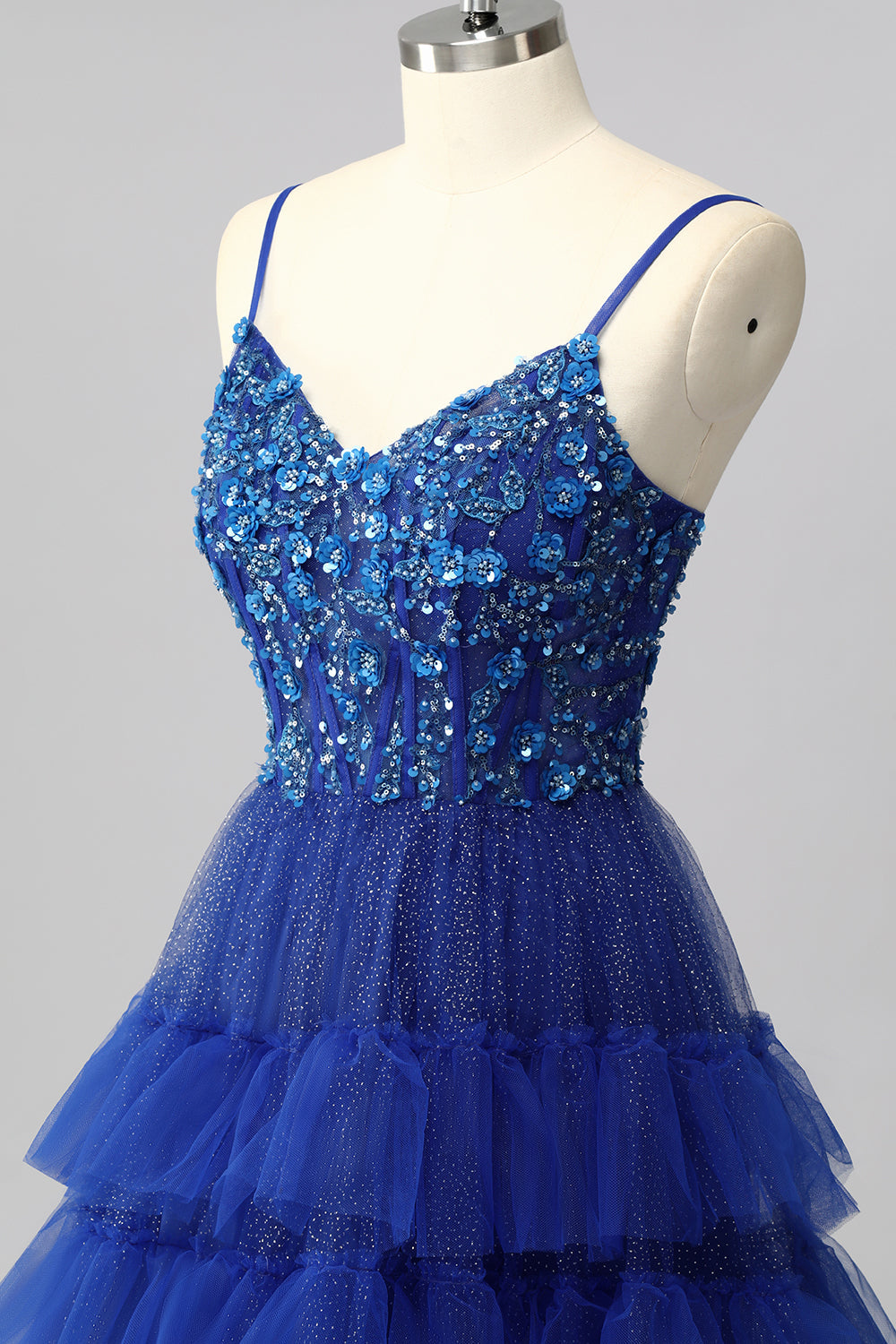 Sparkly Royal Blue Tulle Spaghetti Straps Ruffled A-Line Maxi Corset Prom Dress with Sequins