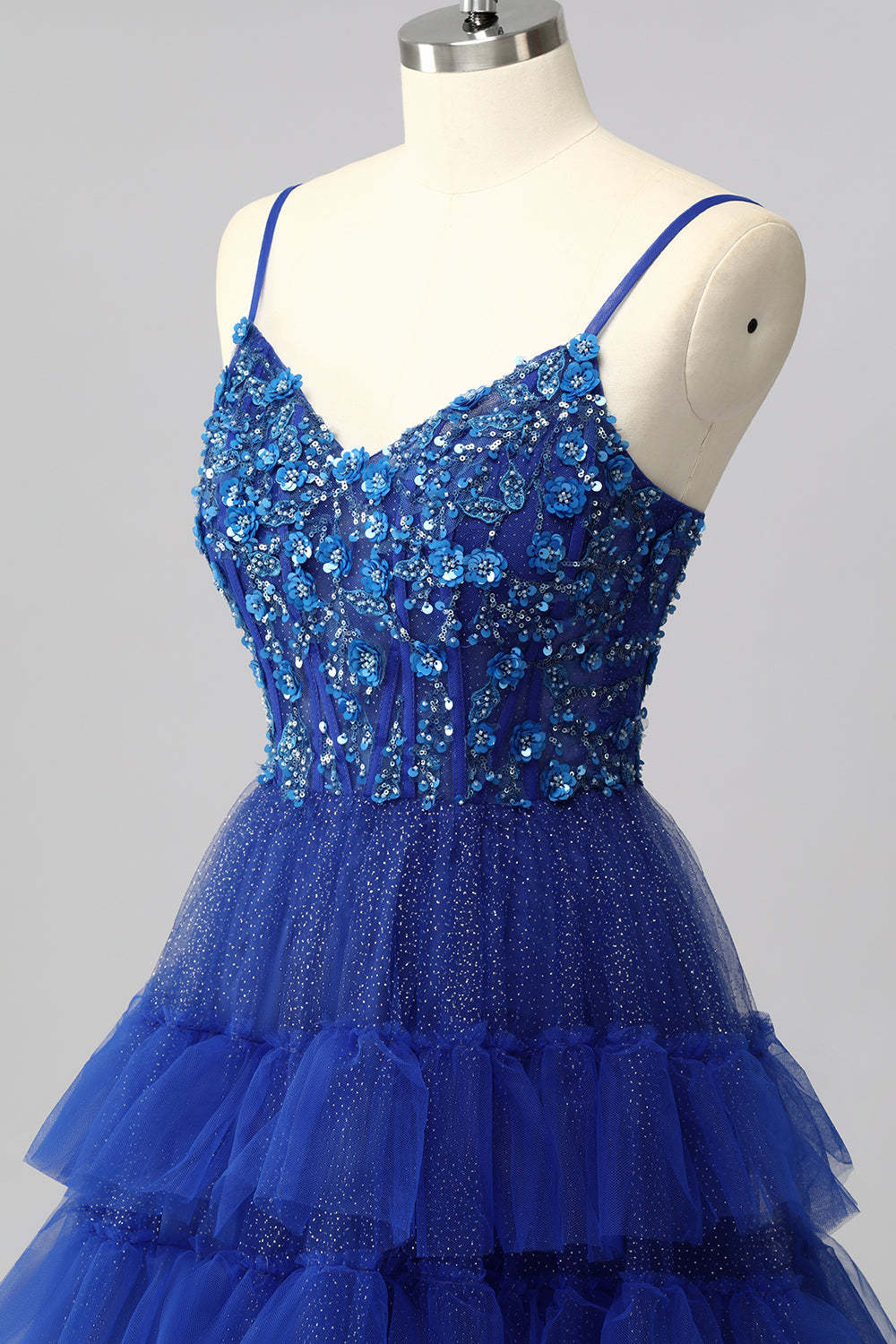 Sparkly Royal Blue Tulle Spaghetti Straps Ruffled A-Line Maxi Corset Prom Dress with Sequins