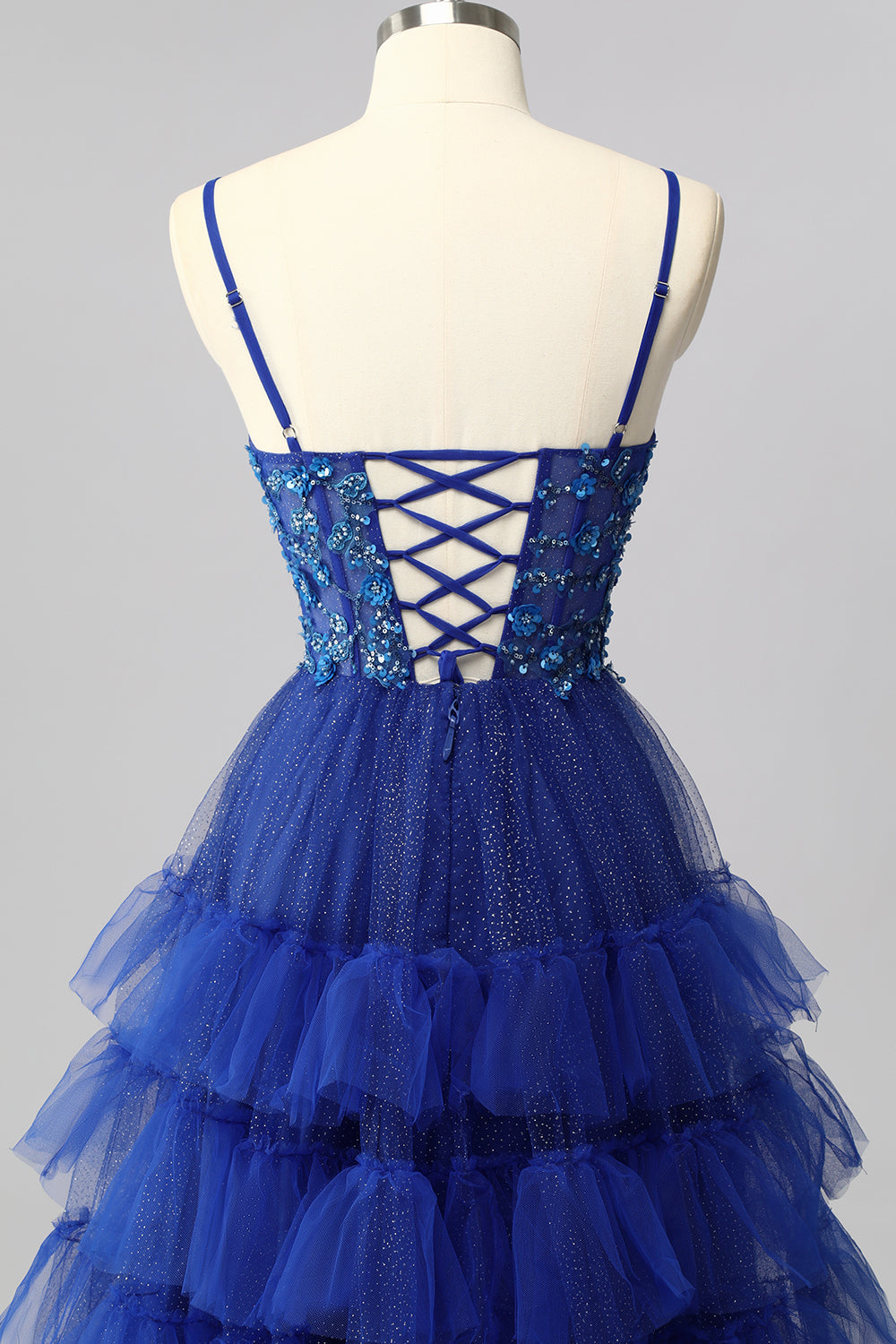 Sparkly Royal Blue Tulle Spaghetti Straps Ruffled A-Line Maxi Corset Prom Dress with Sequins