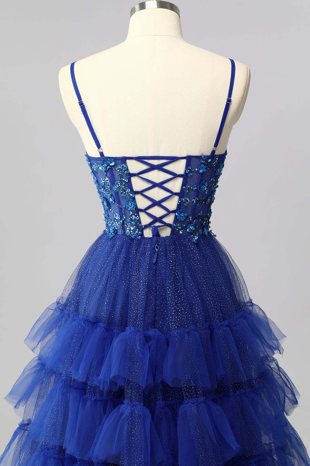 Sparkly Royal Blue Tulle Spaghetti Straps Ruffled A-Line Maxi Corset Prom Dress with Sequins