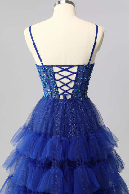 Sparkly Royal Blue Tulle Spaghetti Straps Ruffled A-Line Maxi Corset Prom Dress with Sequins
