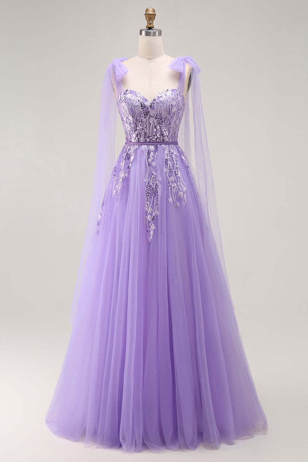 Leely Women Sparkly Purple Tulle Long Prom Dress with Sequins A Line Lace Up Back Evening Dress with Bow