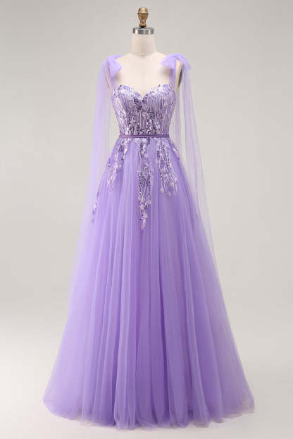Leely Women Sparkly Purple Tulle Long Prom Dress with Sequins A Line Lace Up Back Evening Dress with Bow