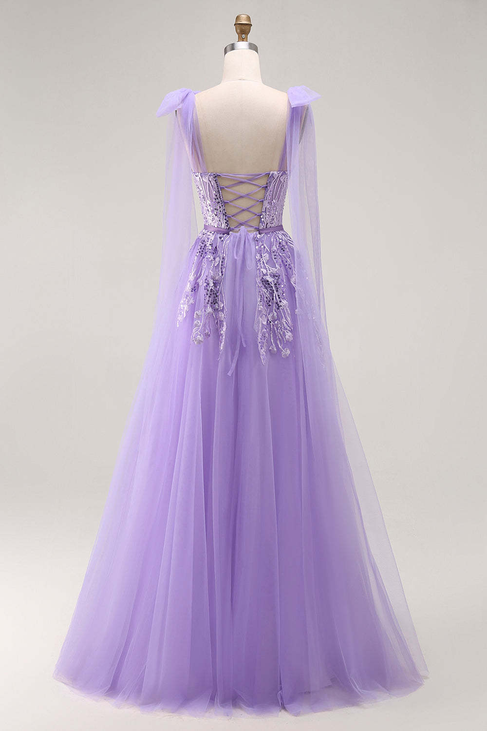 Sparkly Purple A Line Tulle Bow Long Prom Dress with Sequins