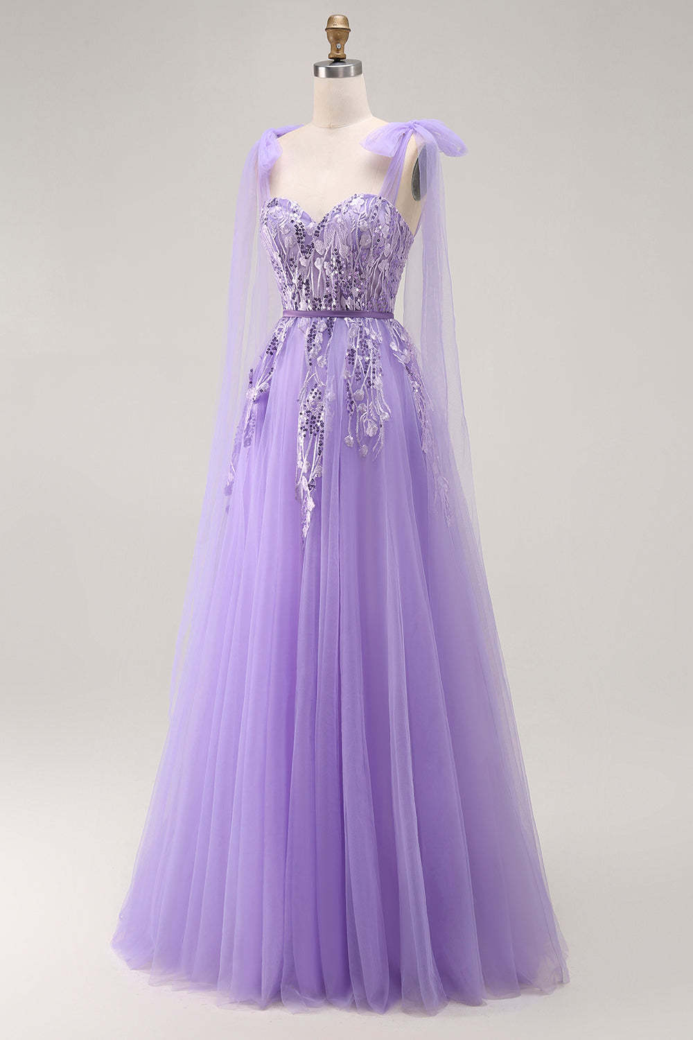 Sparkly Purple A Line Tulle Bow Long Prom Dress with Sequins