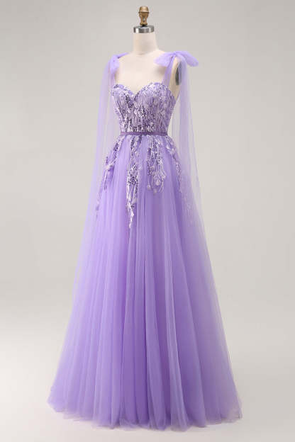 Sparkly Purple A Line Tulle Bow Long Prom Dress with Sequins