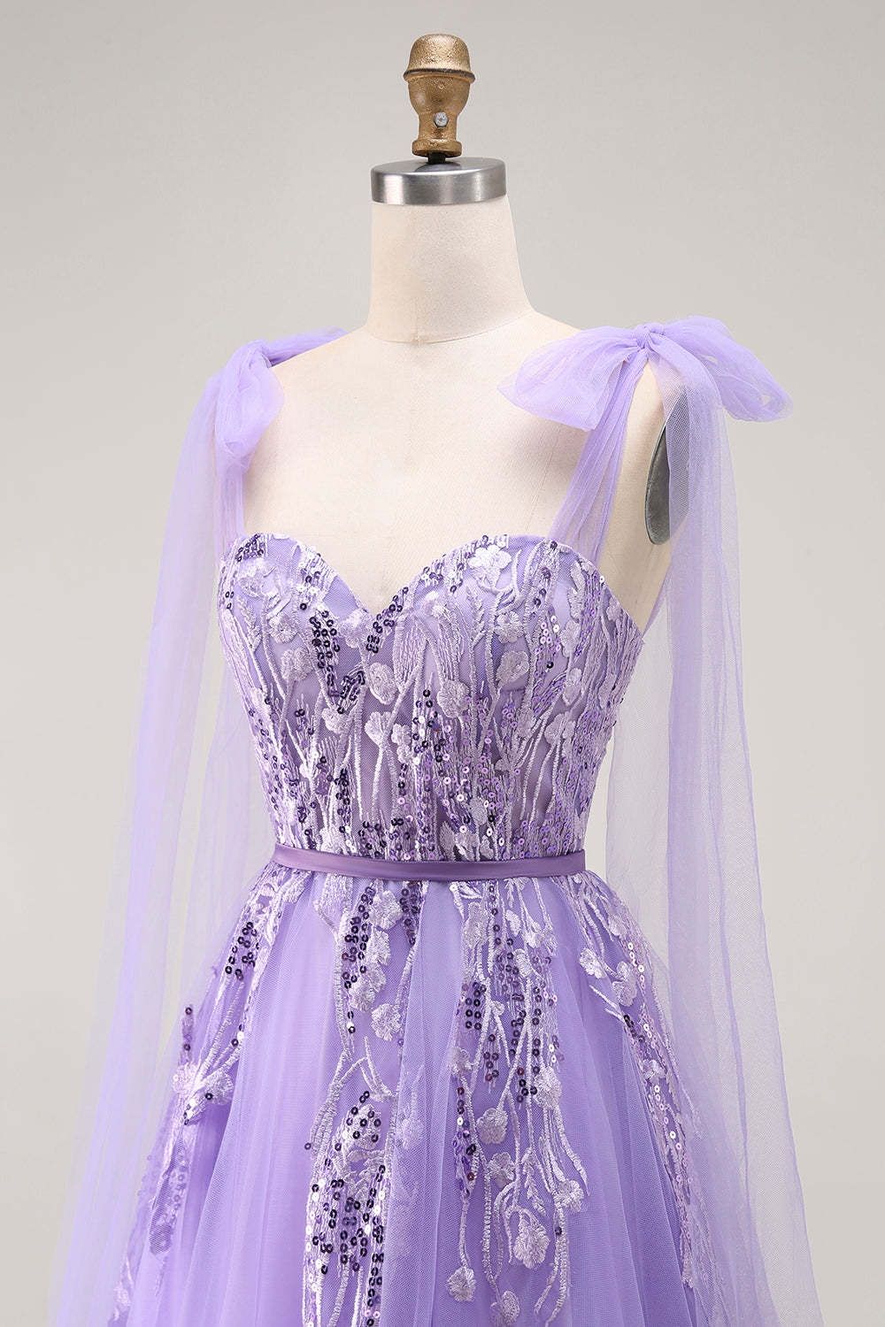Sparkly Purple A Line Tulle Bow Long Prom Dress with Sequins