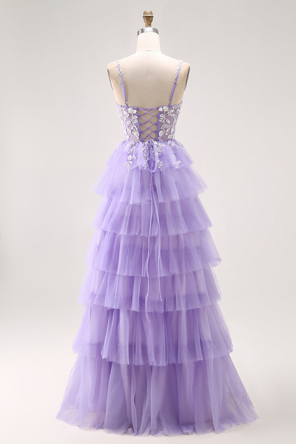 Purple Glitter Tiered A Line Long Prom Dress with Lace