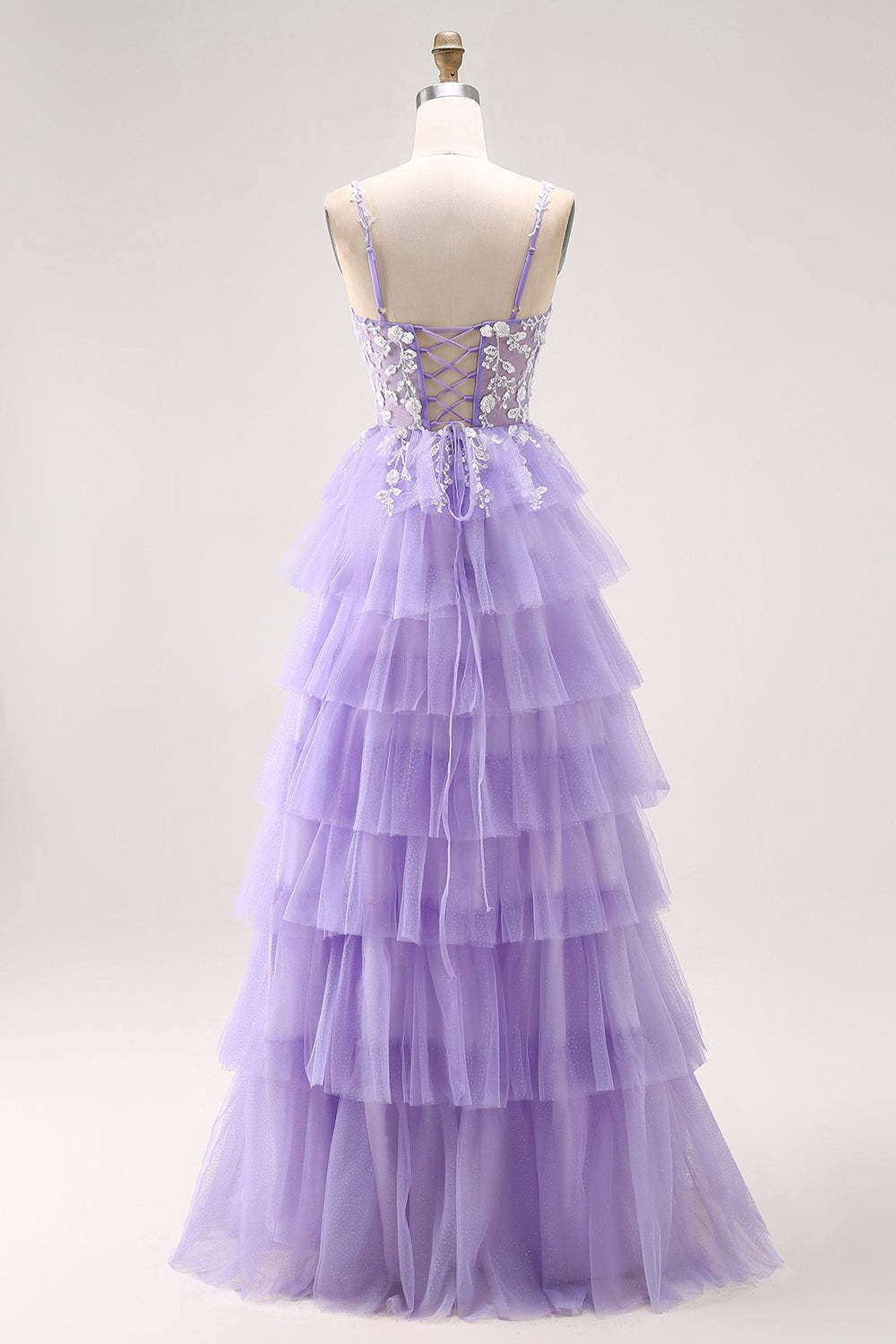 Purple Glitter Tiered A Line Long Prom Dress with Lace