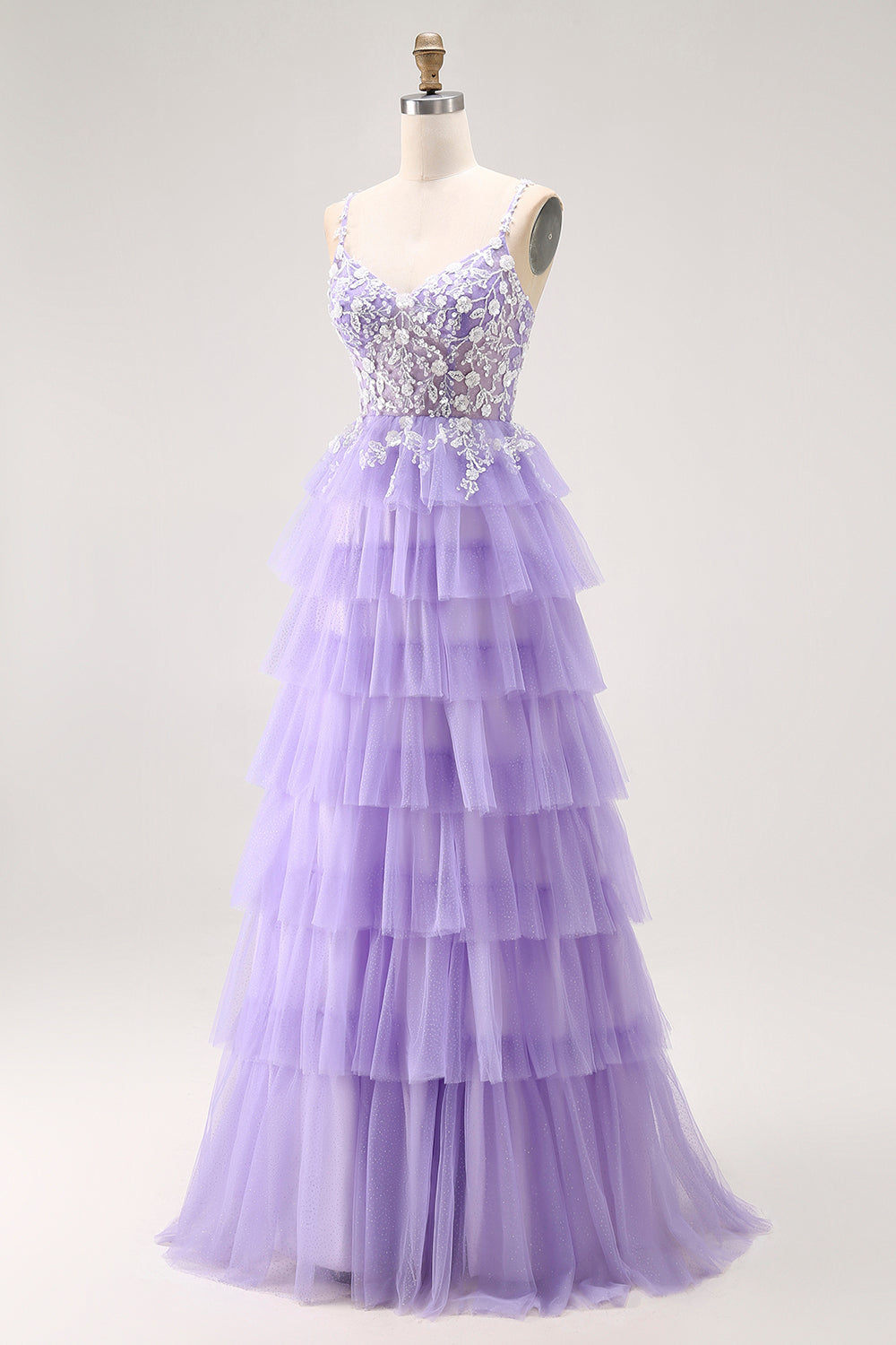 Purple Glitter Tiered A Line Long Prom Dress with Lace
