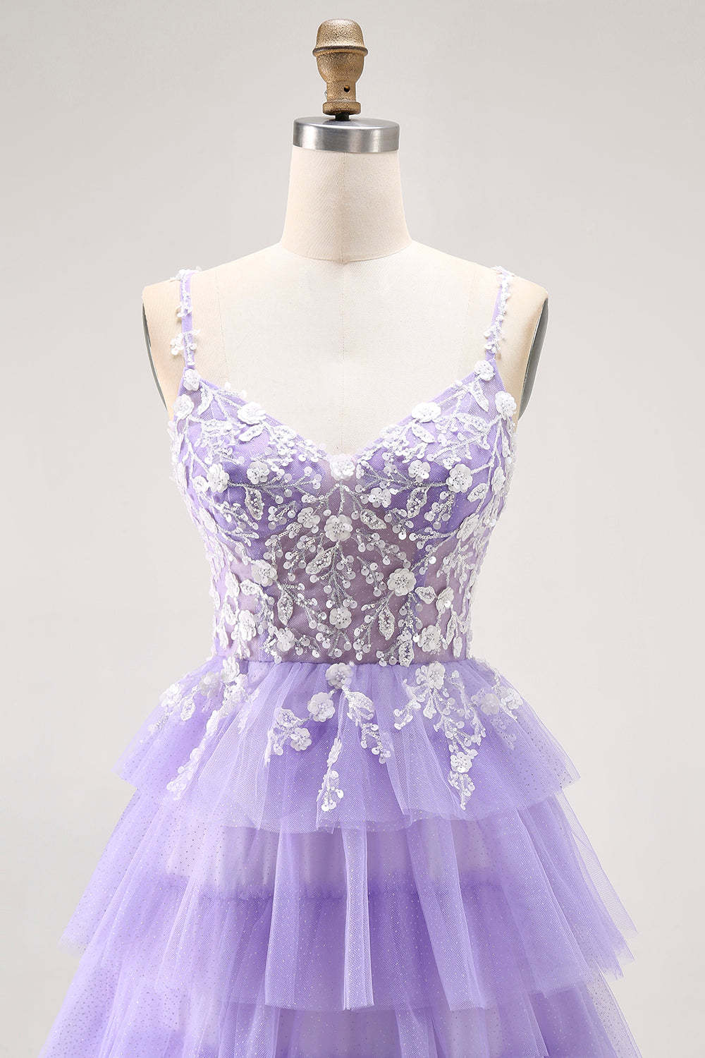 Purple Glitter Tiered A Line Long Prom Dress with Lace