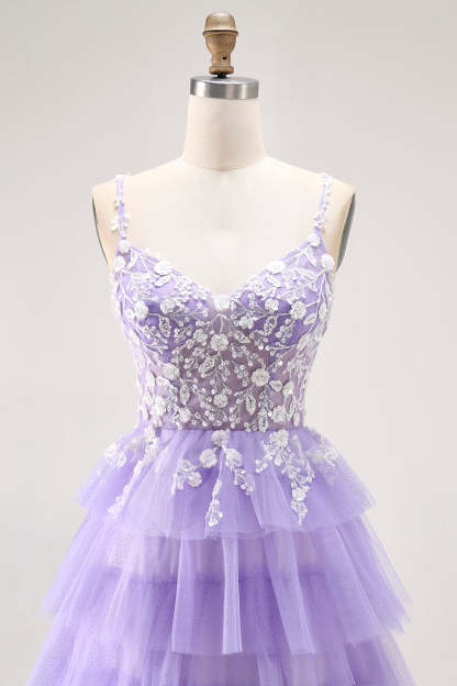 Purple Glitter Tiered A Line Long Prom Dress with Lace
