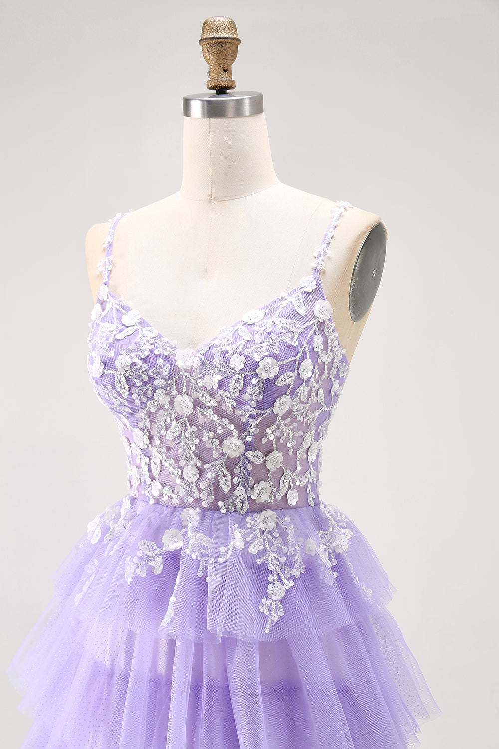 Purple Glitter Tiered A Line Long Prom Dress with Lace
