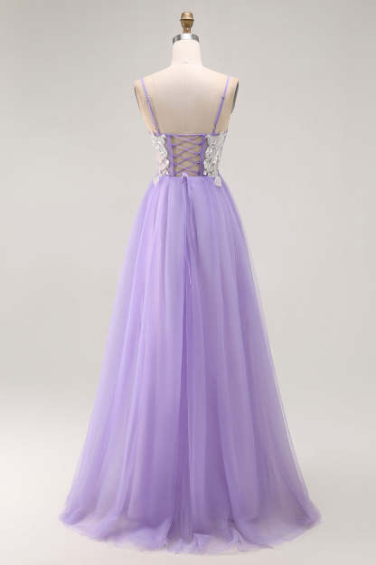 Purple A Line Corset Sparkly Long Prom Dress with Sequins