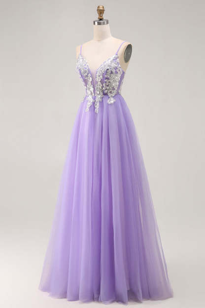 Purple A Line Corset Sparkly Long Prom Dress with Sequins
