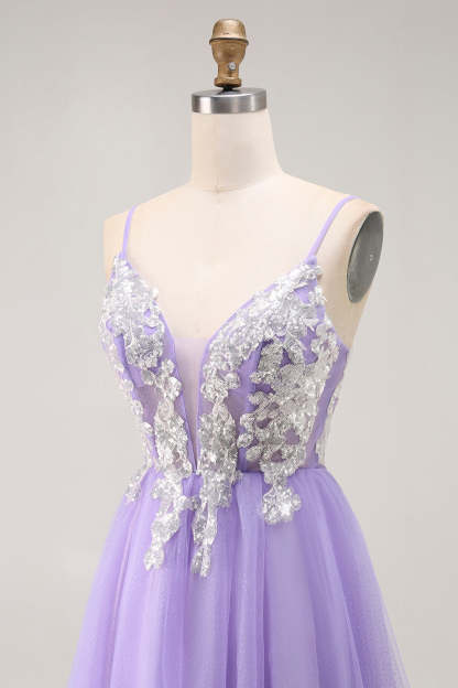 Purple A Line Corset Sparkly Long Prom Dress with Sequins