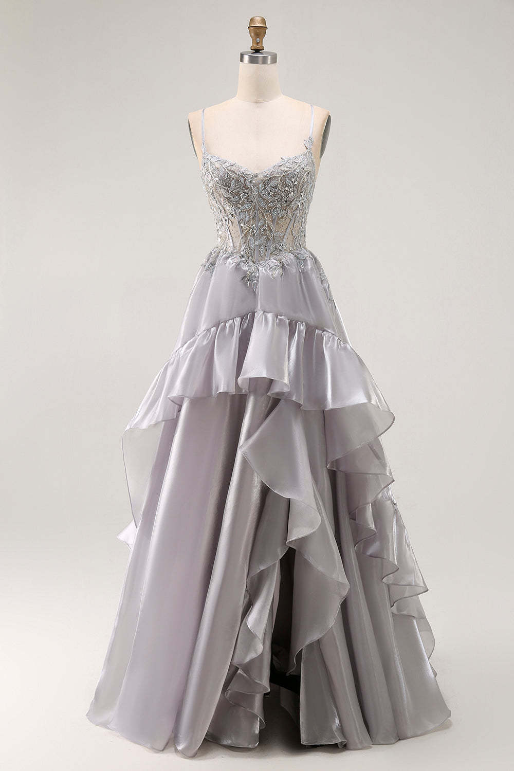 Leely Women Sparkly Grey Corset Ruffled Ball Gown Long Prom Dress with Beading A Line Spaghetti Straps Lace Up Back Pageant Dress with Slit