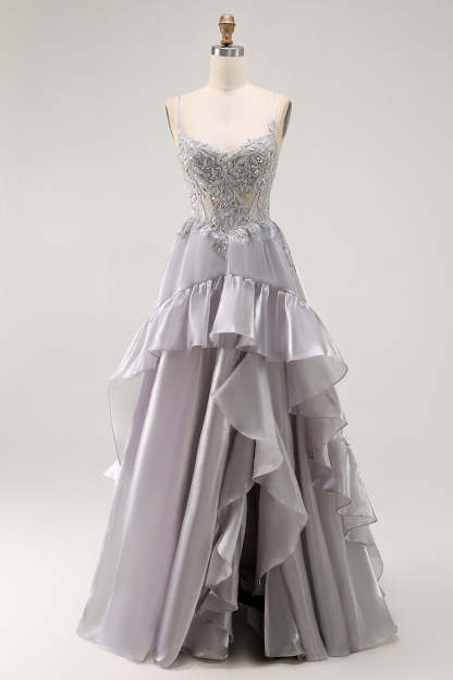 Leely Women Sparkly Grey Corset Ruffled Ball Gown Long Prom Dress with Beading A Line Spaghetti Straps Lace Up Back Pageant Dress with Slit