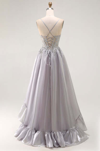 Sparkly Grey Corset Ball Gown Ruffled Long Prom Dress with Beading