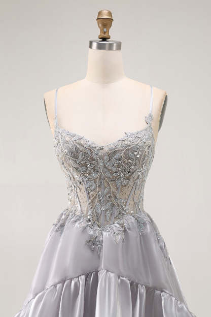 Sparkly Grey Corset Ball Gown Ruffled Long Prom Dress with Beading
