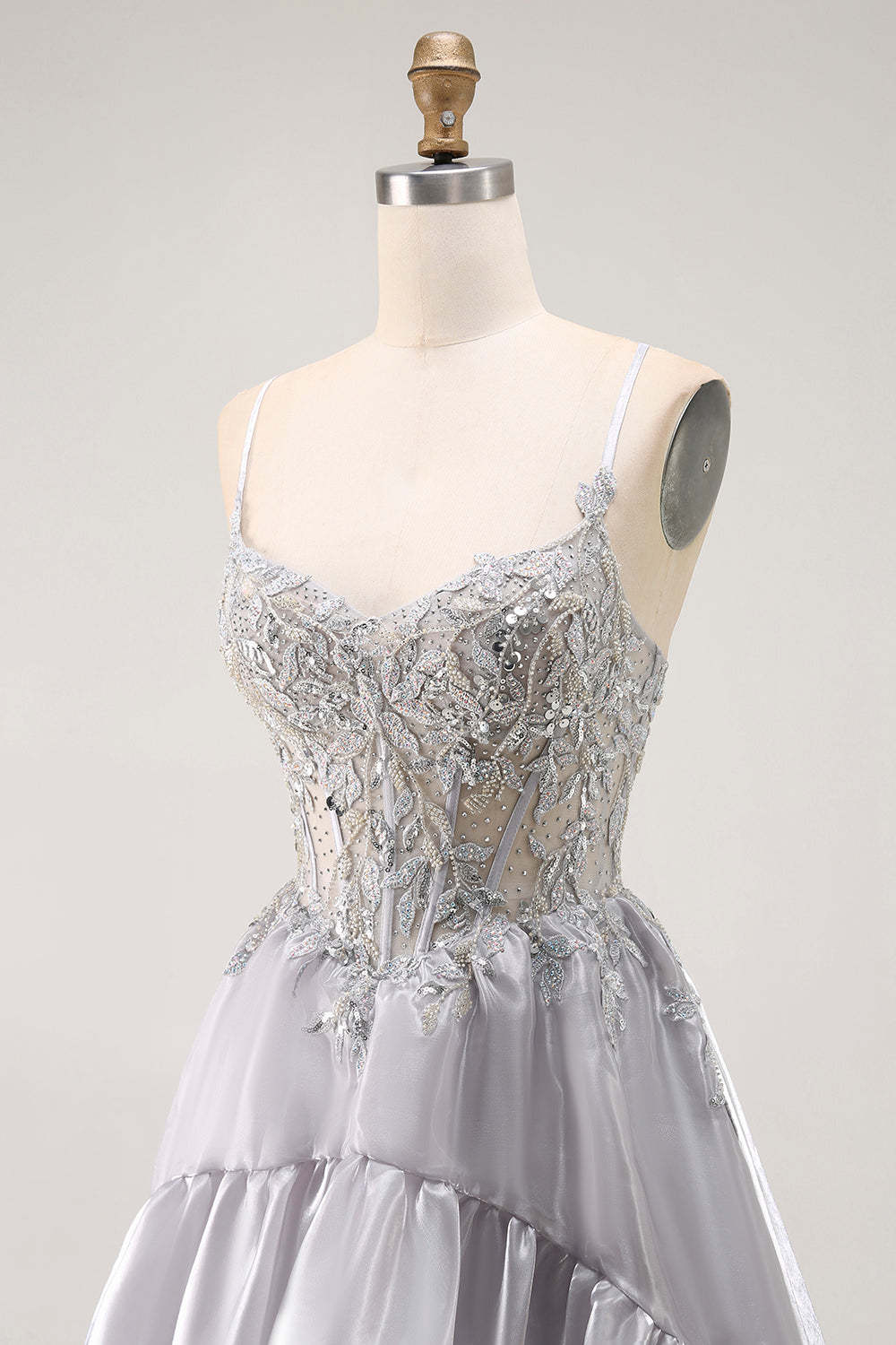 Sparkly Grey Corset Ball Gown Ruffled Long Prom Dress with Beading