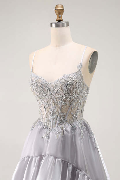 Sparkly Grey Corset Ball Gown Ruffled Long Prom Dress with Beading
