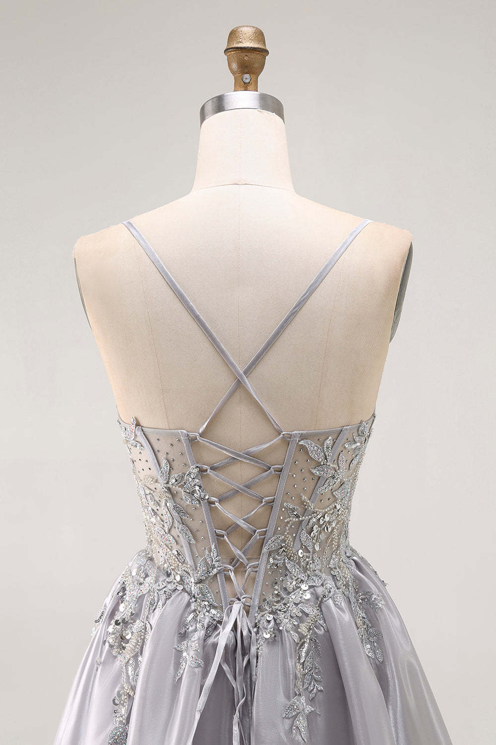 Sparkly Grey Corset Ball Gown Ruffled Long Prom Dress with Beading