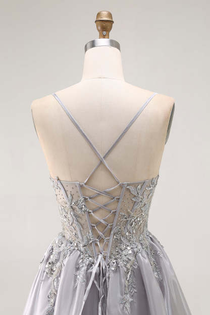 Sparkly Grey Corset Ball Gown Ruffled Long Prom Dress with Beading
