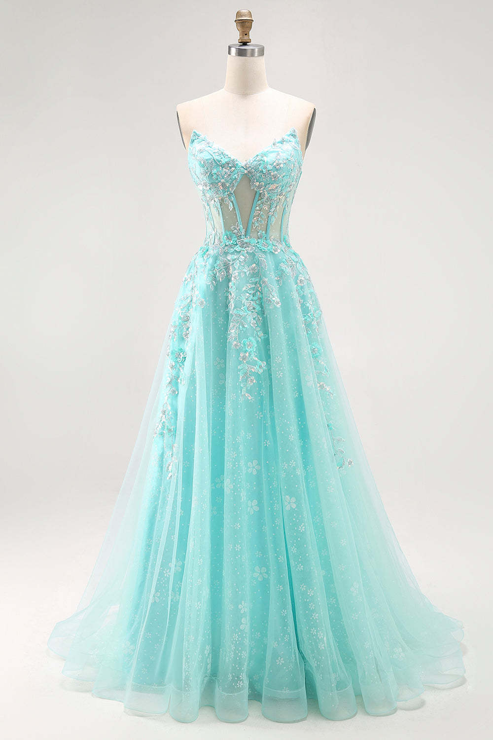 Leely Women Sparkly Green Long Corset Prom Dress with Lace A Line Strapless Illusion Keyhole Pageant Dress with Slit