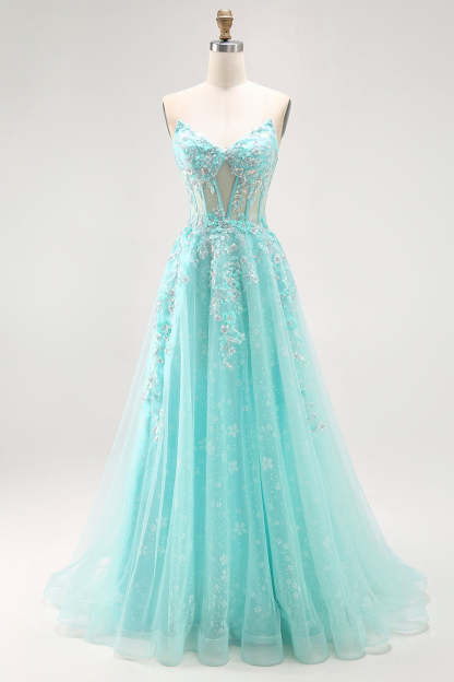 Leely Women Sparkly Green Long Corset Prom Dress with Lace A Line Strapless Illusion Keyhole Pageant Dress with Slit