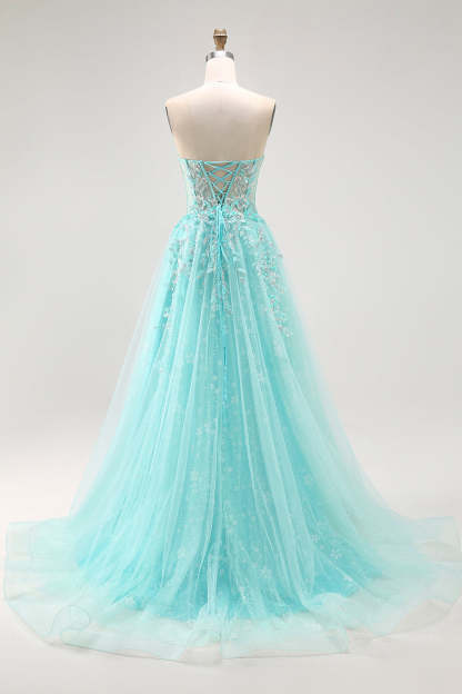Sparkly Corset Green A Line Long Prom Dress with Lace