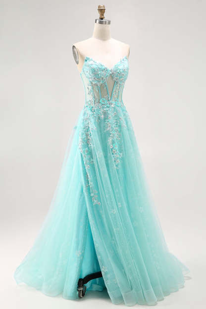 Sparkly Corset Green A Line Long Prom Dress with Lace