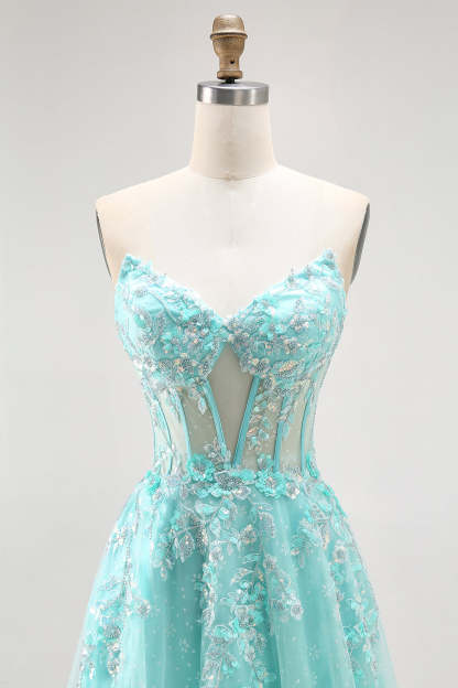 Sparkly Corset Green A Line Long Prom Dress with Lace