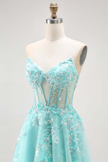 Sparkly Corset Green A Line Long Prom Dress with Lace