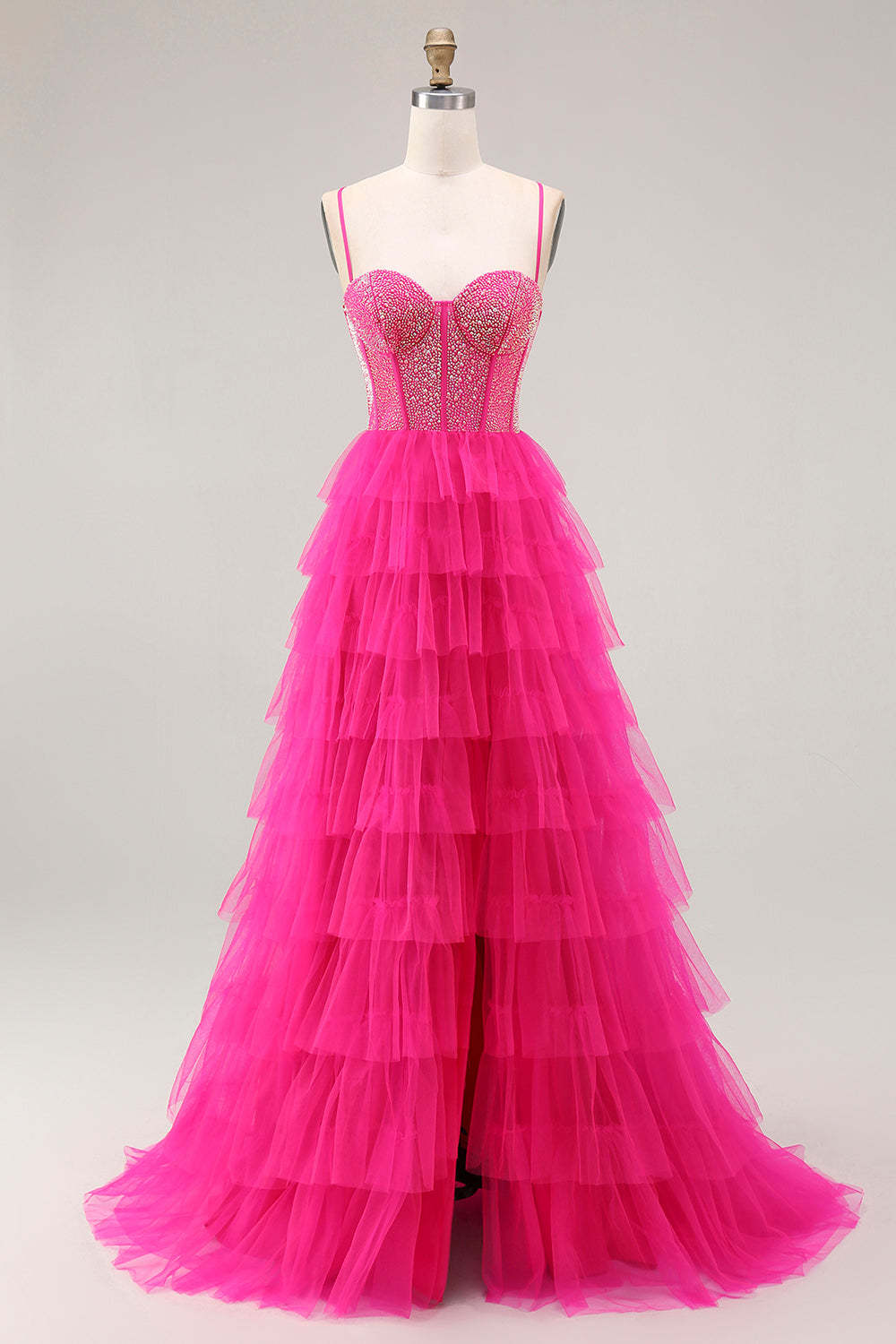 Leely Women Sparkly Fuchsia Corset Tiered Maxi Prom Dress with Slit Beaded Tulle A Line Spaghetti Straps Lace Up Back Pageant Dress with Ruffles