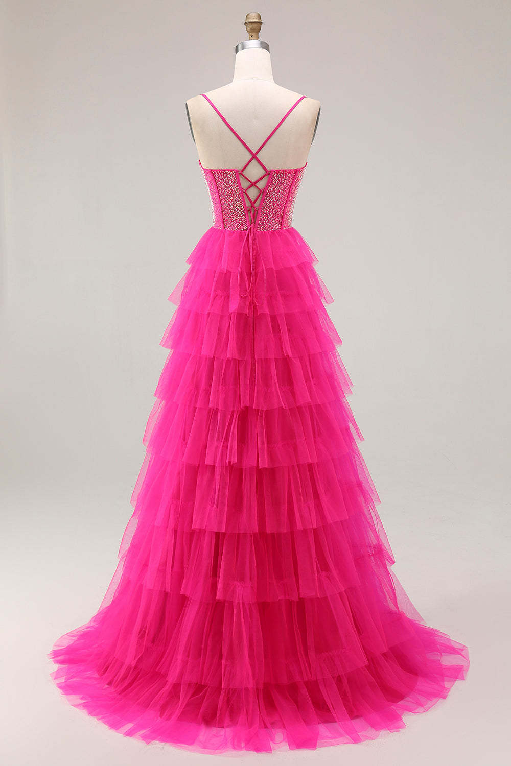 Fuchsia Beaded Corset Tiered Maxi Prom Dress with Slit