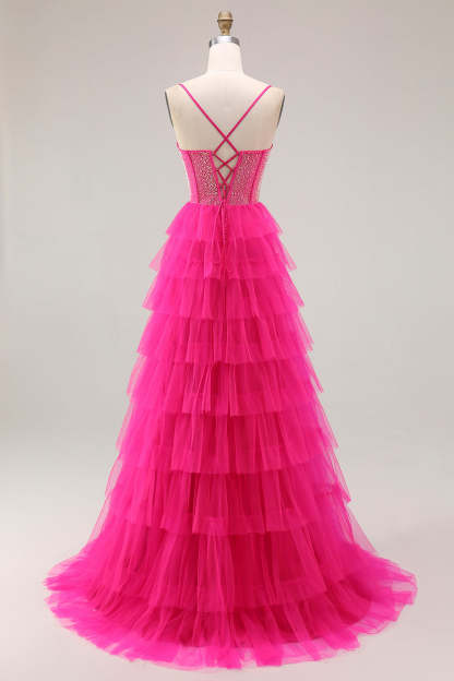 Fuchsia Beaded Corset Tiered Maxi Prom Dress with Slit
