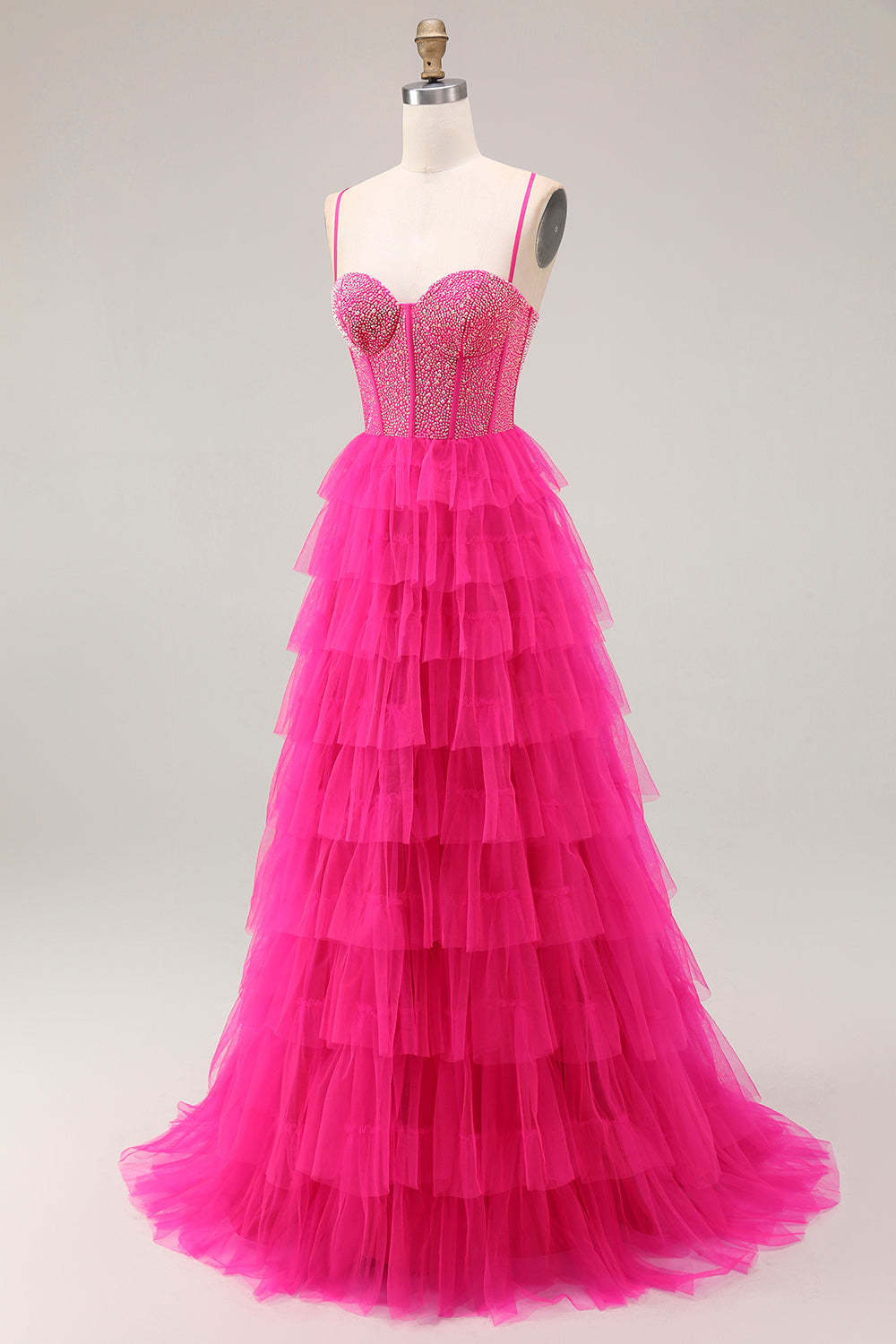 Fuchsia Beaded Corset Tiered Maxi Prom Dress with Slit