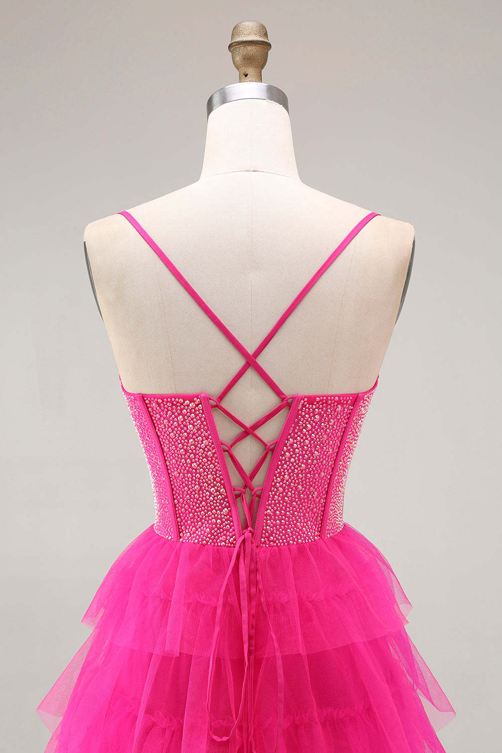 Fuchsia Beaded Corset Tiered Maxi Prom Dress with Slit